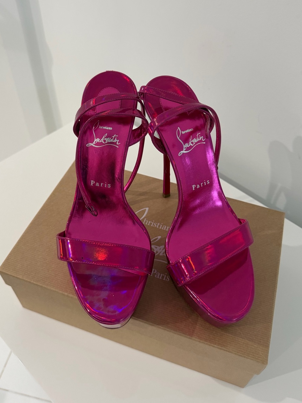 Christian Louboutin Metallic Strappy Platform Heels - Picture 2 of 4